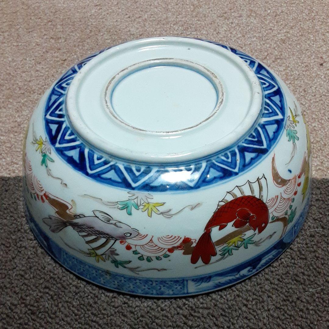 古い伊万里鉢皿椀/手描き水草魚貝吉祥紋/紅葉鯛宝珠/二重高台唐草紋