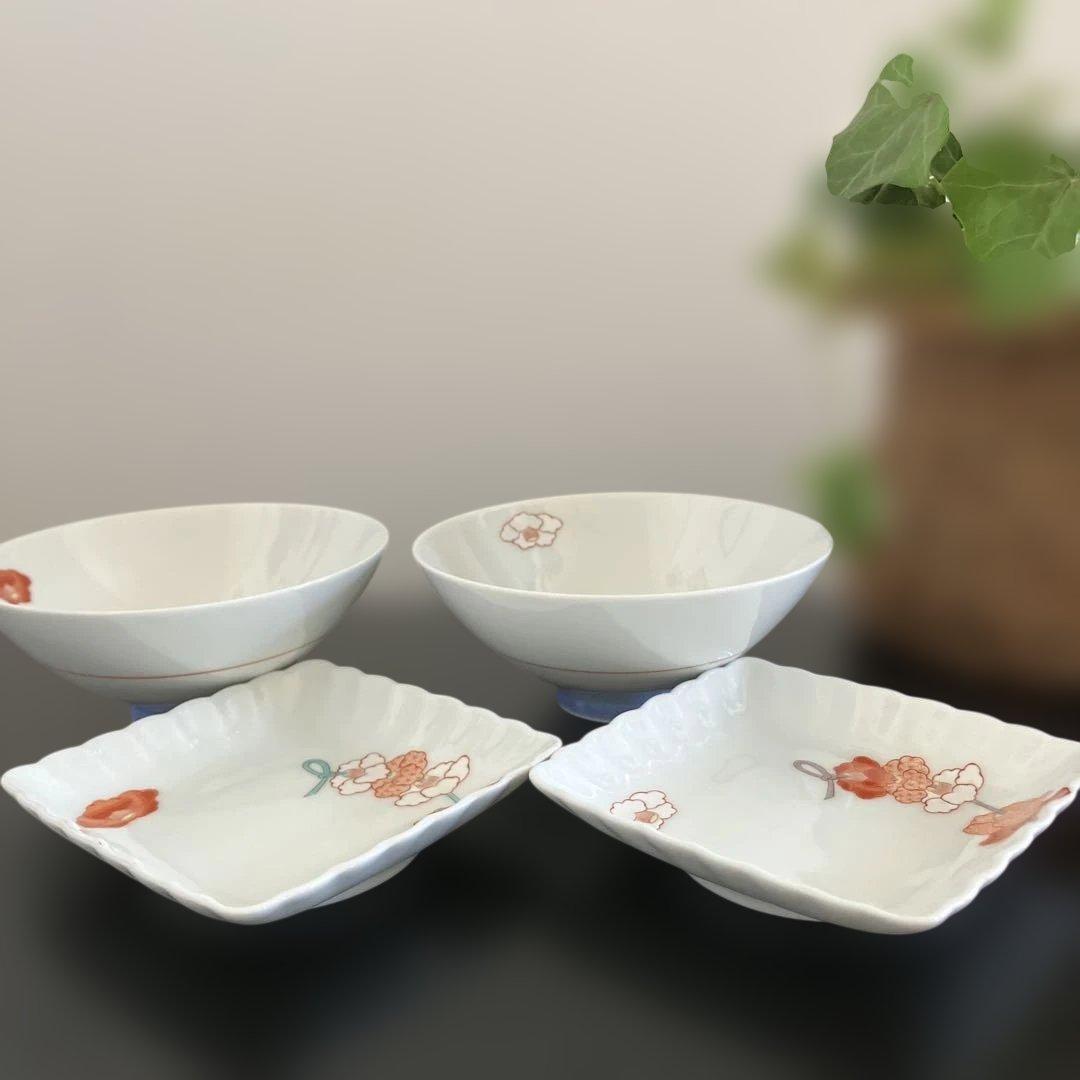 深川製磁 深川製 紅白花結び 組飯碗(2客) 菊割角小皿2客 メルカリ便
