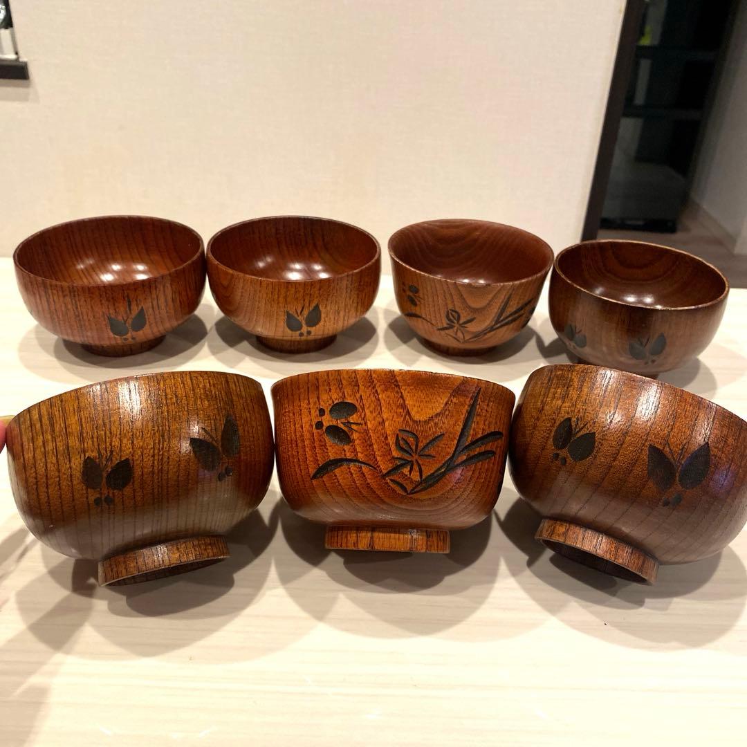 天然木 木製汁椀 7客 お椀 未使用 味噌汁椀 蝶々〈検 山中漆器 会津