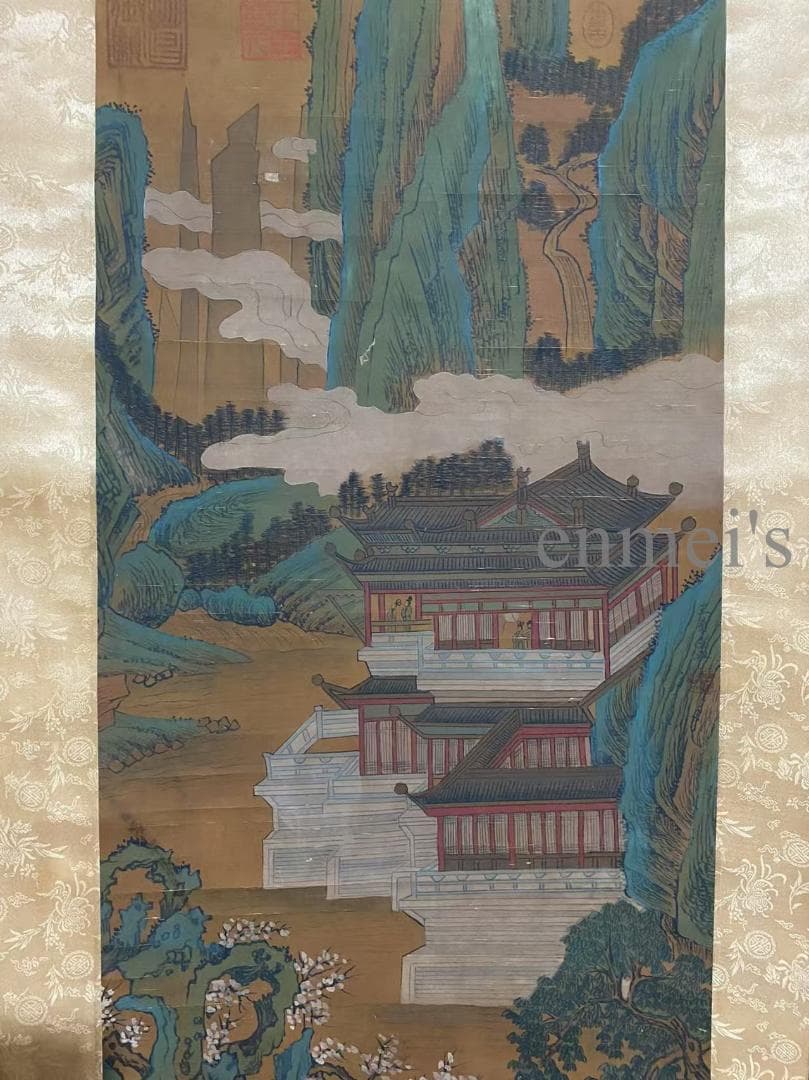 中国古美術 宋代王希孟款 山水図 掛軸 絹本 肉筆 唐物 古画 書道