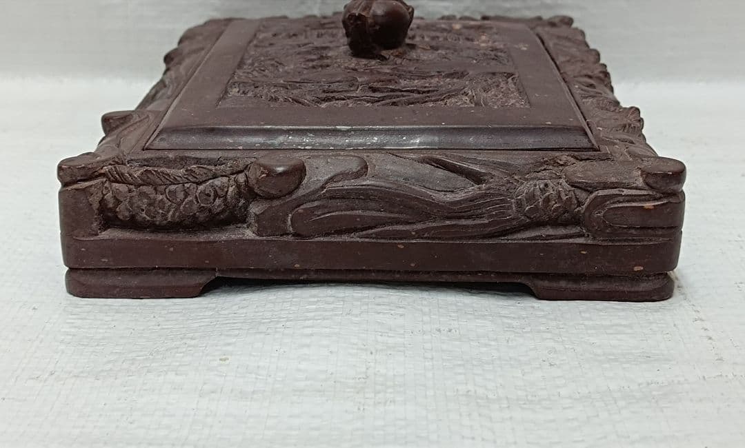 骨董品　大硯　雲龍彫刻　蓋付　書道具　3.45kg 中古品
