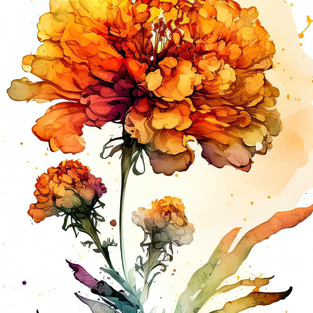 マリーゴールド 水彩画 黄色花 ボタニカル アートポスター Flower
