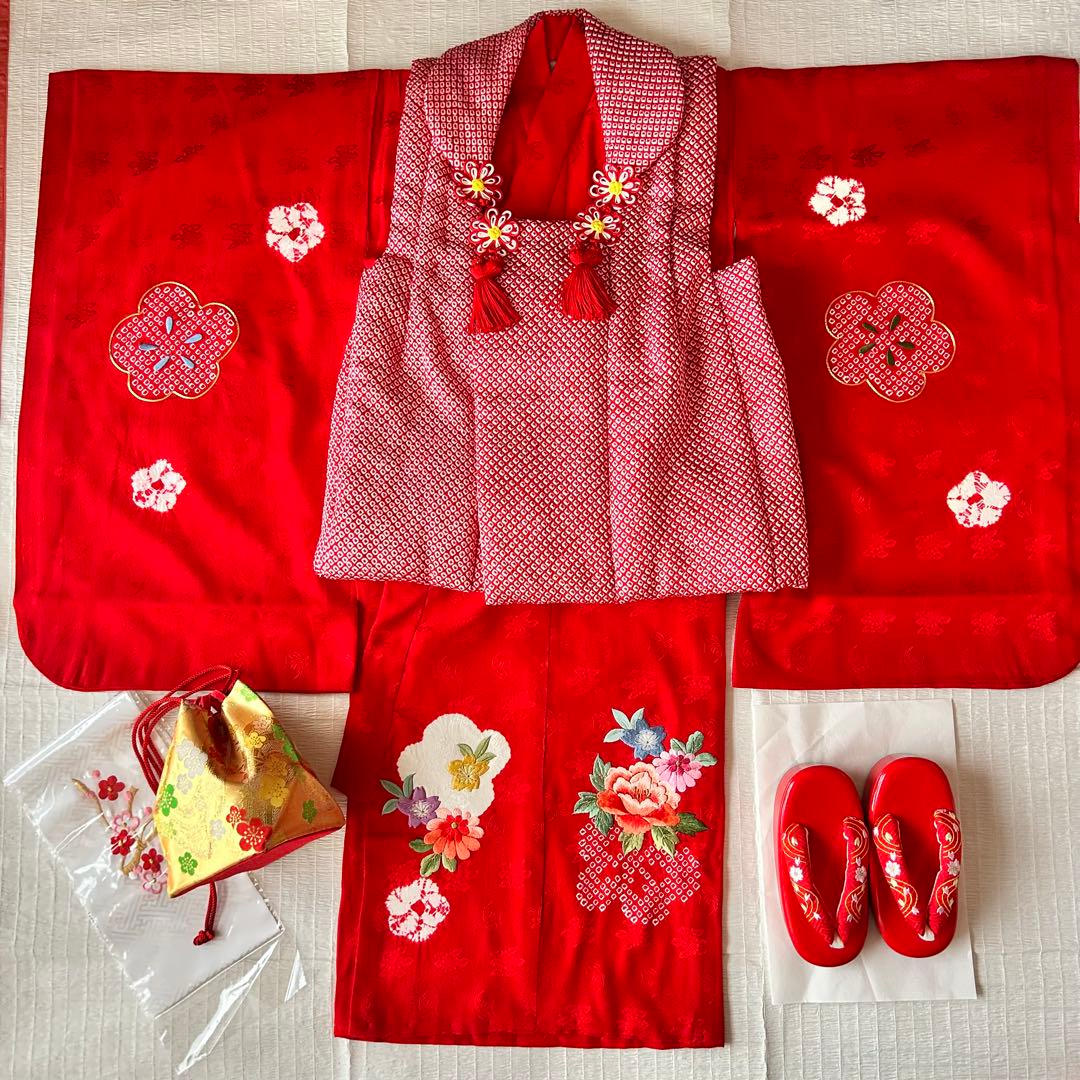 七五三 3歳 フルセット 着物 正絹 総絞り 被布 刺繍 三歳 赤 草履 753 七五三 着物レンタル 3歳 753 女の子 フルセット 被布 【正絹】赤 総