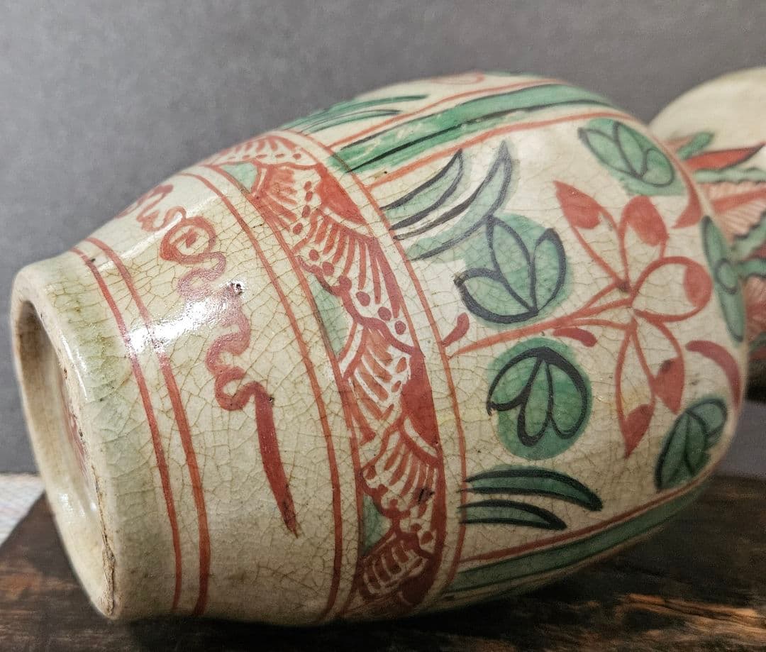 古代中国 明代～清代頃 古赤絵 天啓赤絵 四面花文様 広口壺 罐