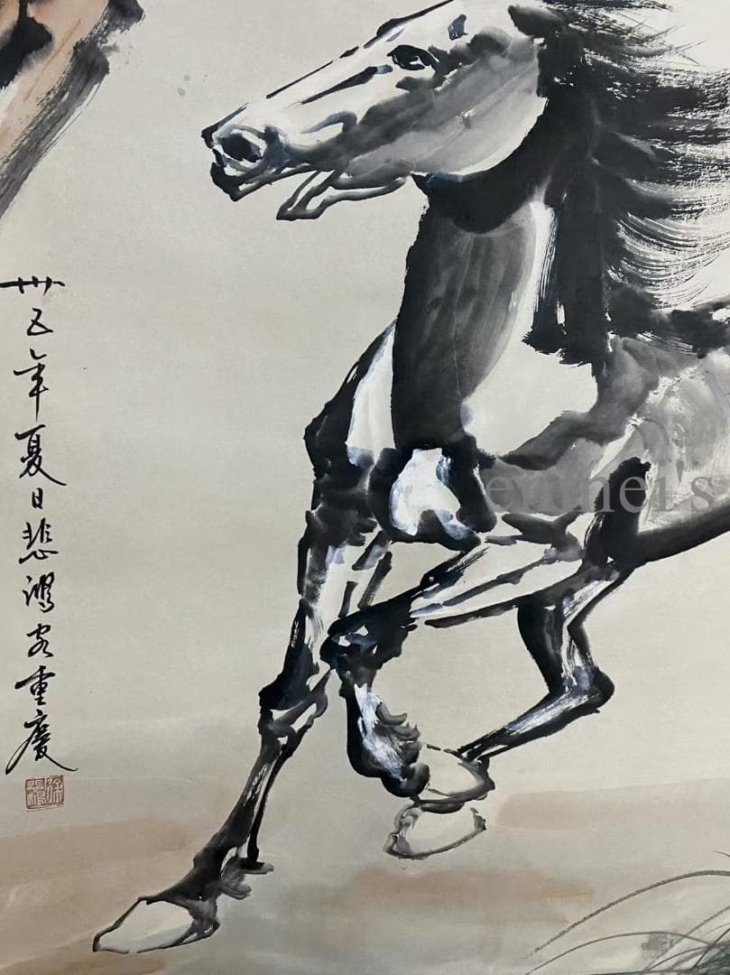 中国古美術 近代 徐悲鴻印款 駿馬画 水墨画 掛軸 宣紙 文房置物 純