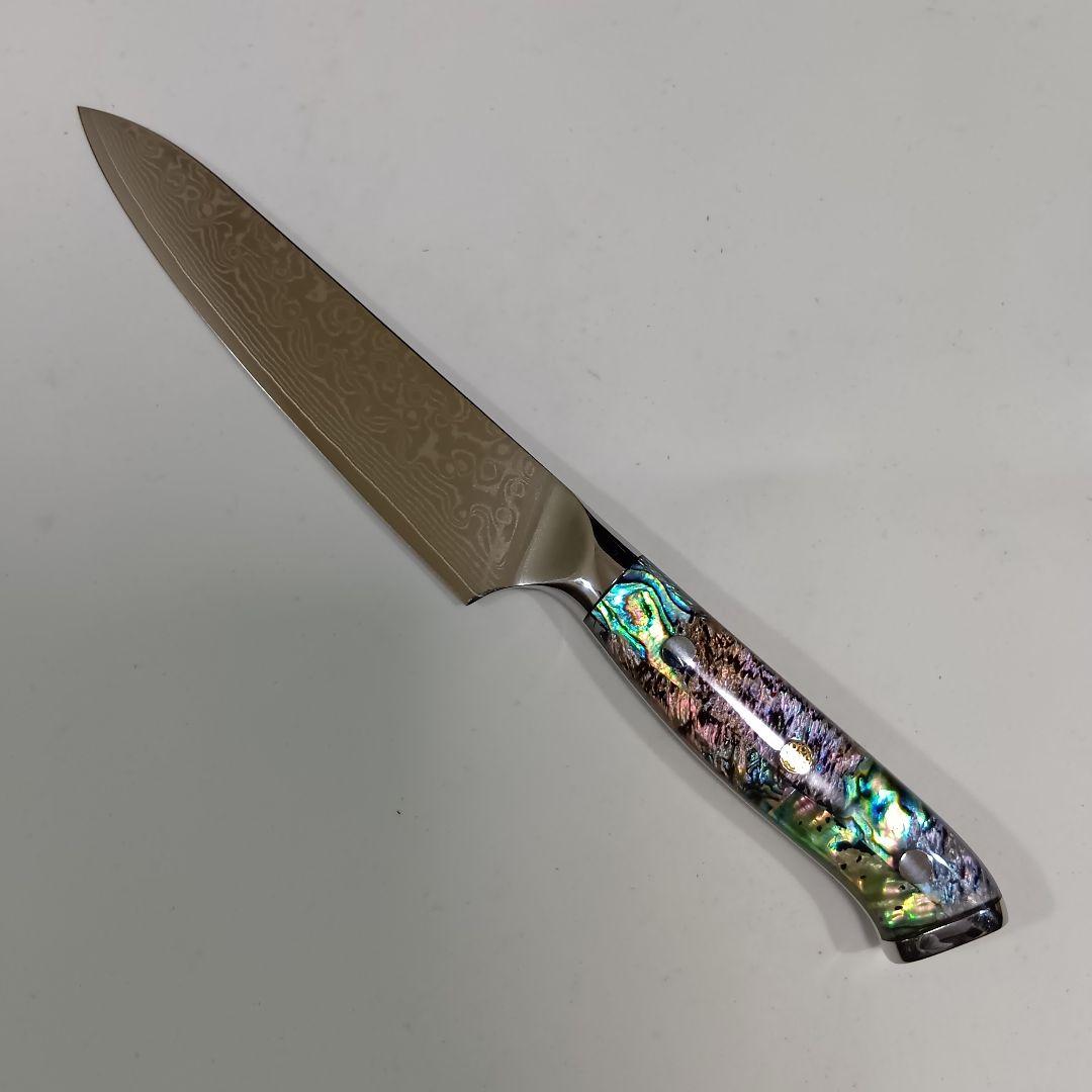V金10号 牛刀 ダマスカス67層 ペティナイフ 13cmアワビ貝殻 透明樹脂柄