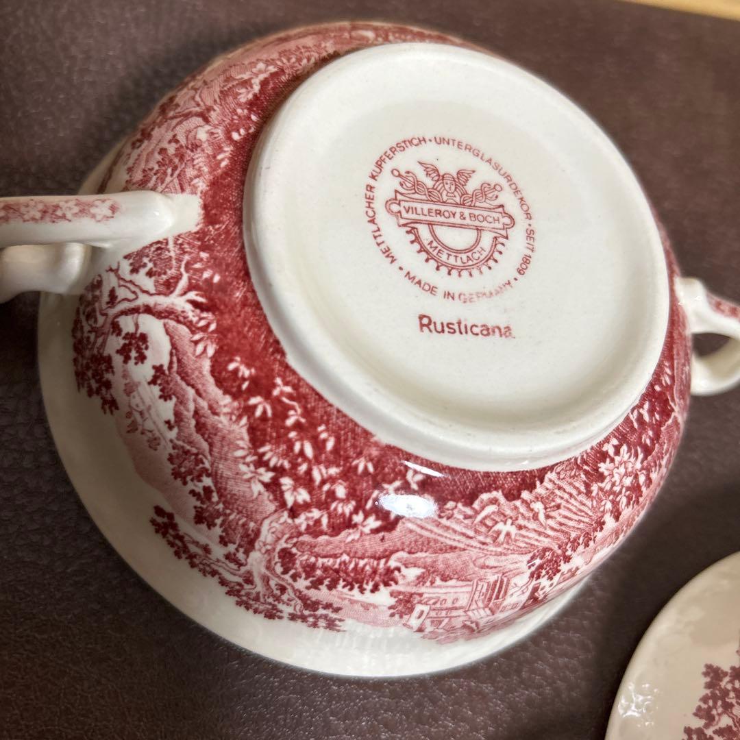 3セット ビレロイ&ボッホ スープカップ ソーサー付 花 赤 Rusticana