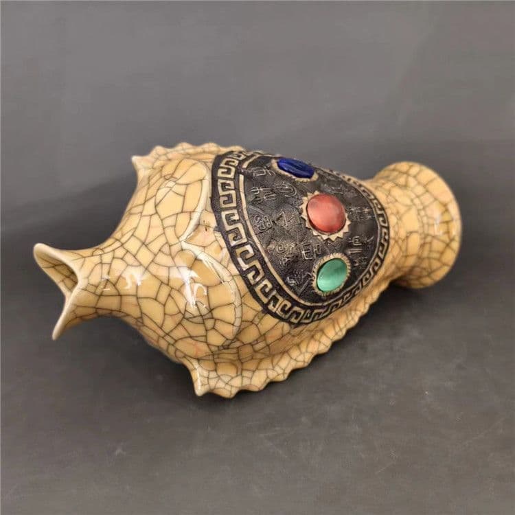 宋代の黄釉金糸開片蒔絵刻字宝石鯉瓶 陶磁器 現代工芸品 美術品 置物
