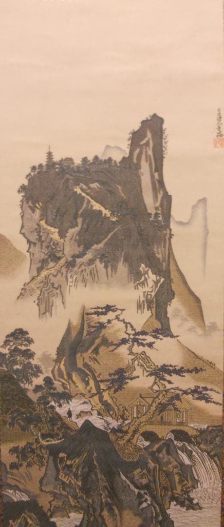 掛け軸 雪舟 明國山水之図 絹本 名品 複製 希少 軸装 茶道具 掛軸 美品 掛軸 (掛け軸) 秋冬山水図（冬） 雪舟 尺五あんどん 約横54.5cm×縦