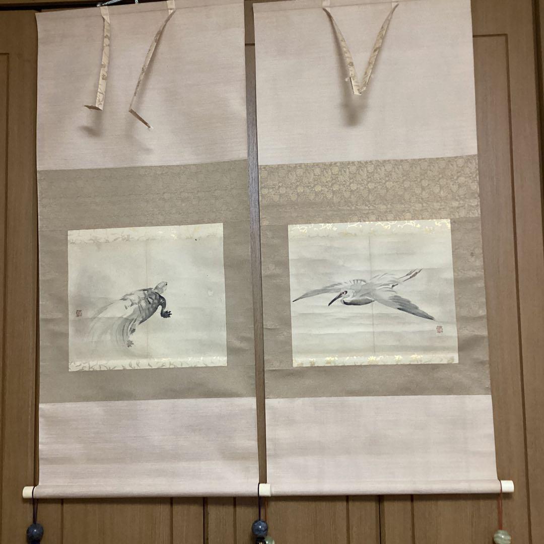 竹内栖鳳 肉筆双幅図 【 鶴 亀 】 慶事掛軸 桐箱　肉筆画【画帖画　軸仕立て品 竹内栖鳳 肉筆双幅図 【 鶴 亀 】 慶事掛軸 桐箱 肉筆画【画帖画 軸