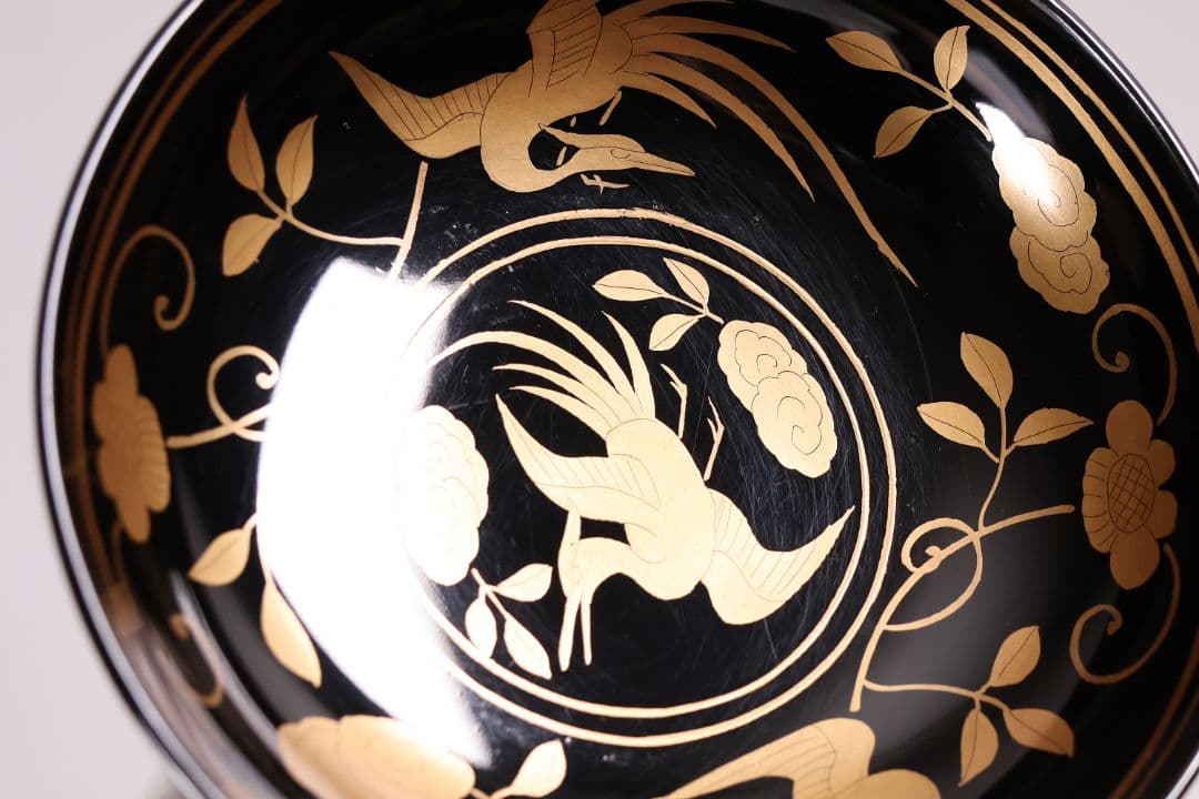 MA723】木製漆器 長寛写 金蒔絵 黒塗木皿 二十客 吉祥鶴 菓子皿 小皿