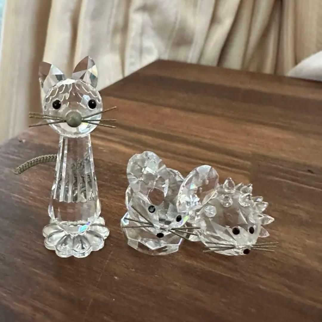 ガラス細工 動物 スワロフスキー ？ 猫 ねずみ ハリネズミ 置物
