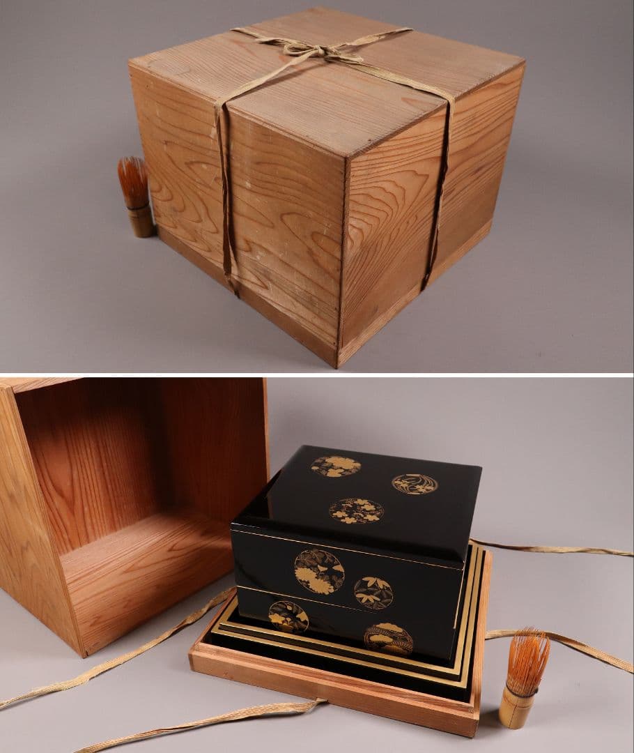 漆芸 木製漆器 丸に草花図 金蒔絵 二段重 重台 黒塗 朱塗 重箱【MA171