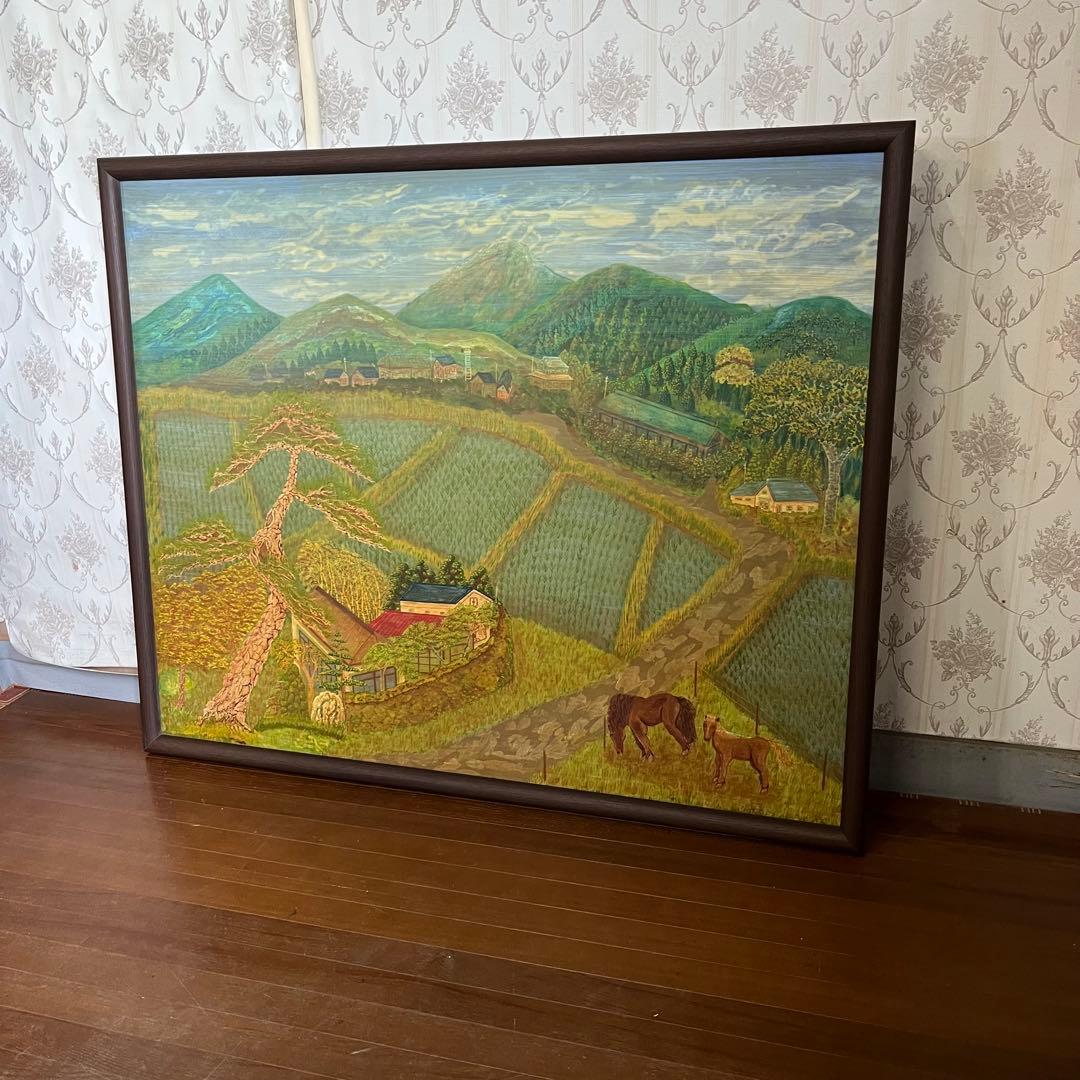 蔵出し】額装 額縁 絵画 風景画 田舎 馬 田園 山 農村 アート 作品