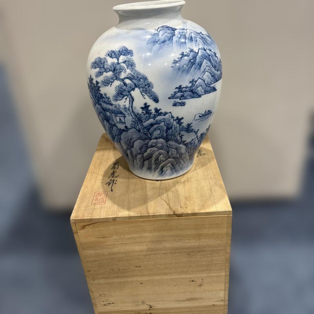 青白色 陶器 花瓶 山水画風 木箱付き - メルカリ
