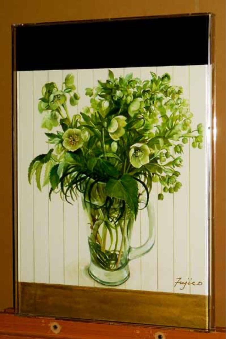 原画！橋本不二子「クリスマスローズ」水彩画 豪華アクリルBOX型額縁