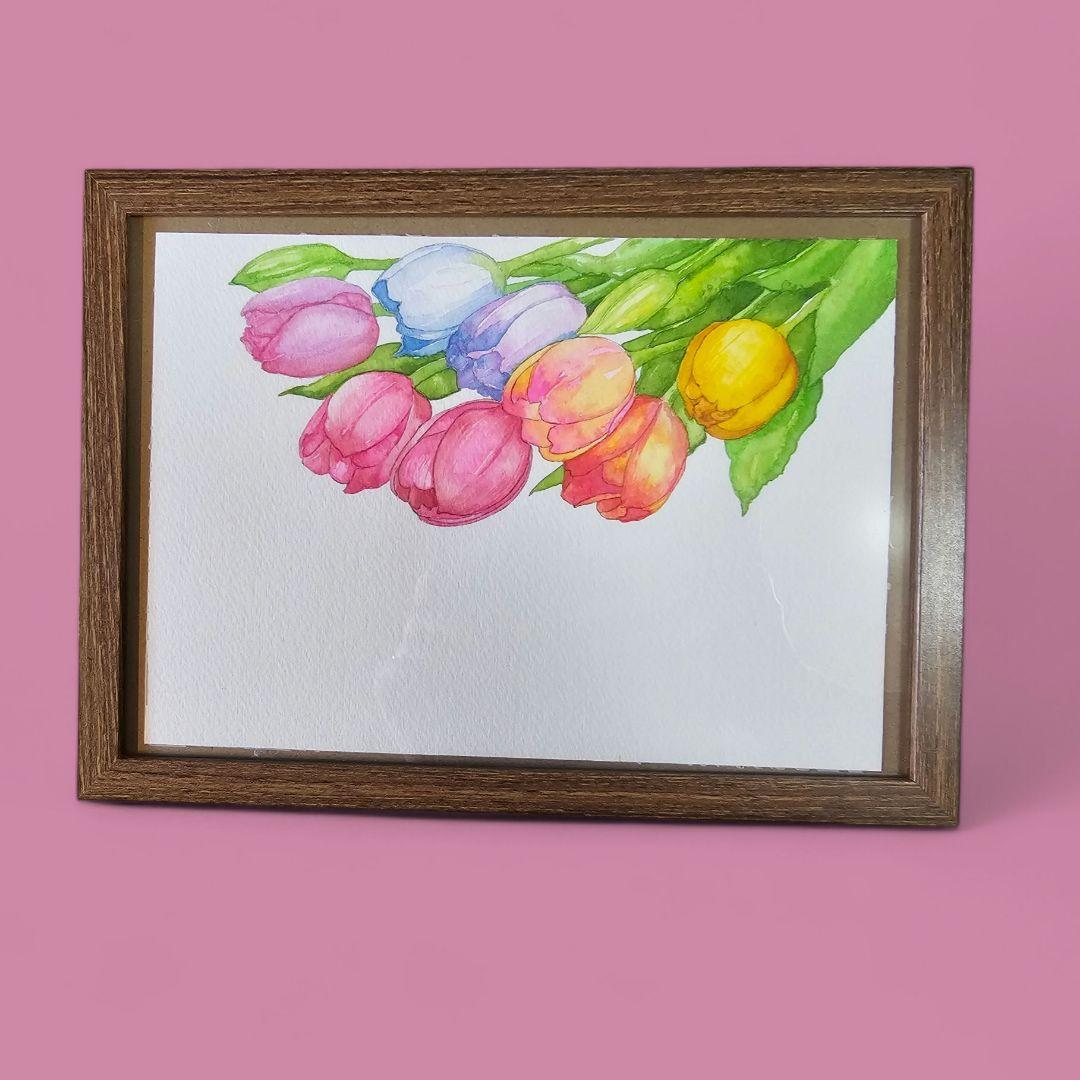 原画販売】チューリップのブーケ 水彩画 美術品・アンティーク