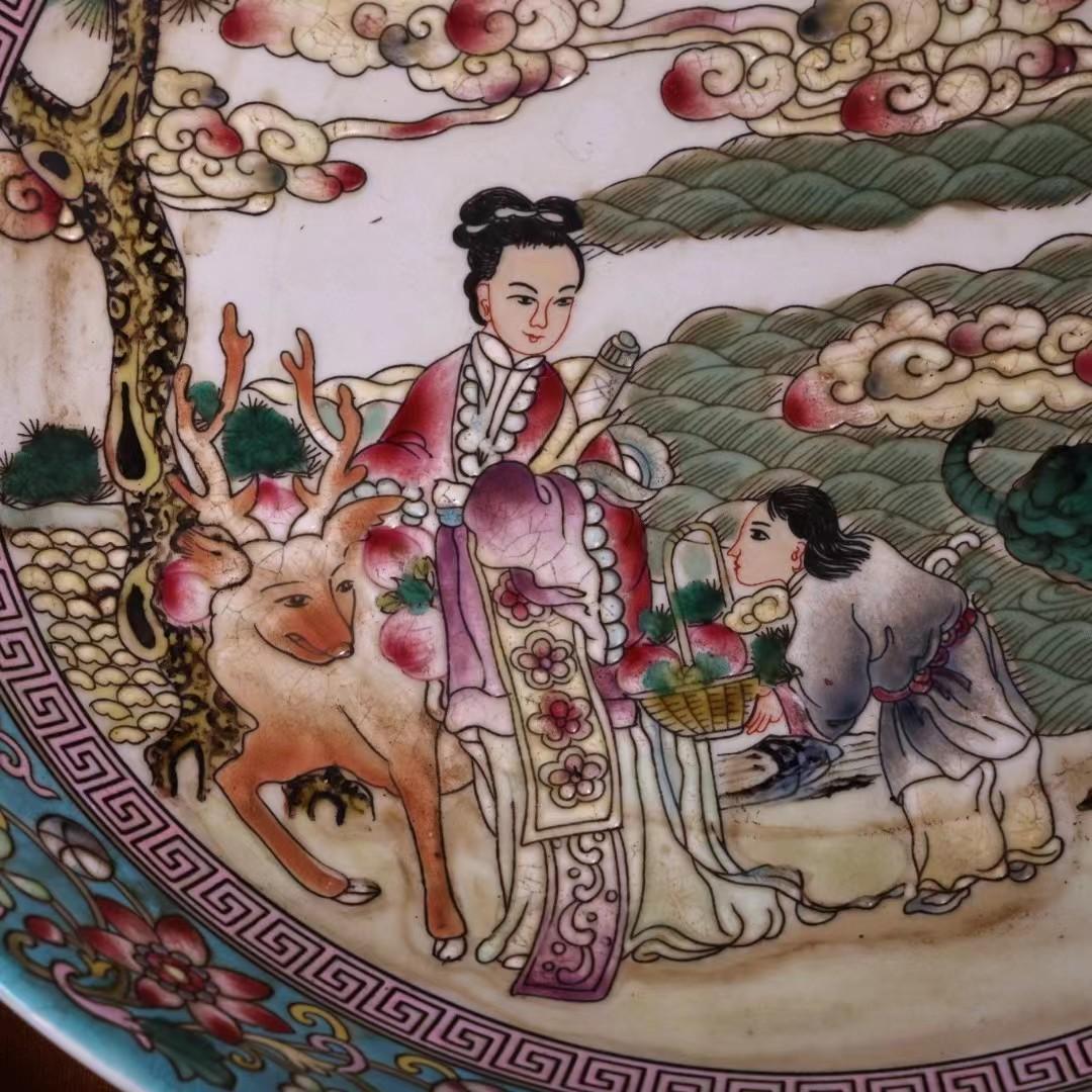 中国古美術・旧蔵粉彩・陶磁器中皿・人物風景絵・置物・純手描き・箱付