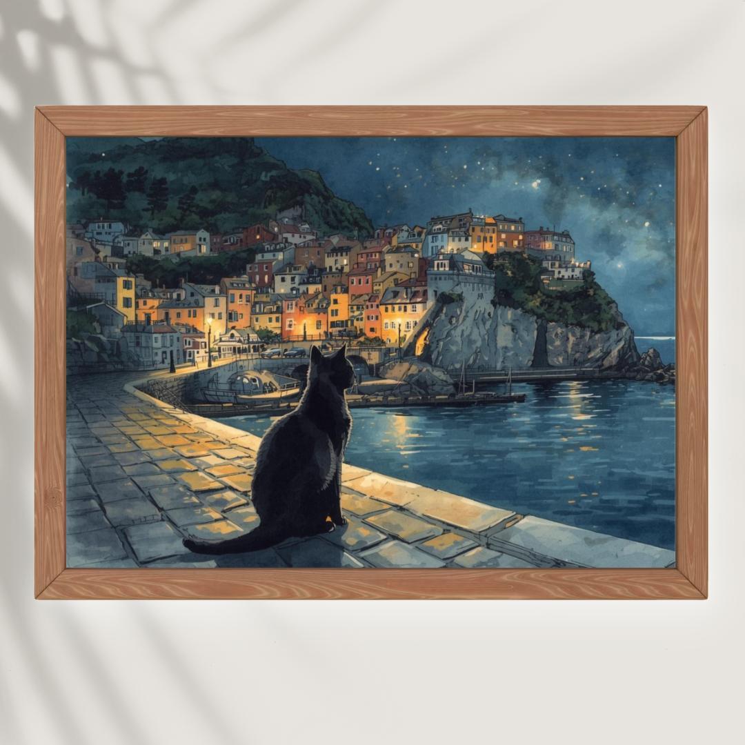A4 崖の灯りと港を見つめる黒猫の夜景 水彩風景画アート ウォール