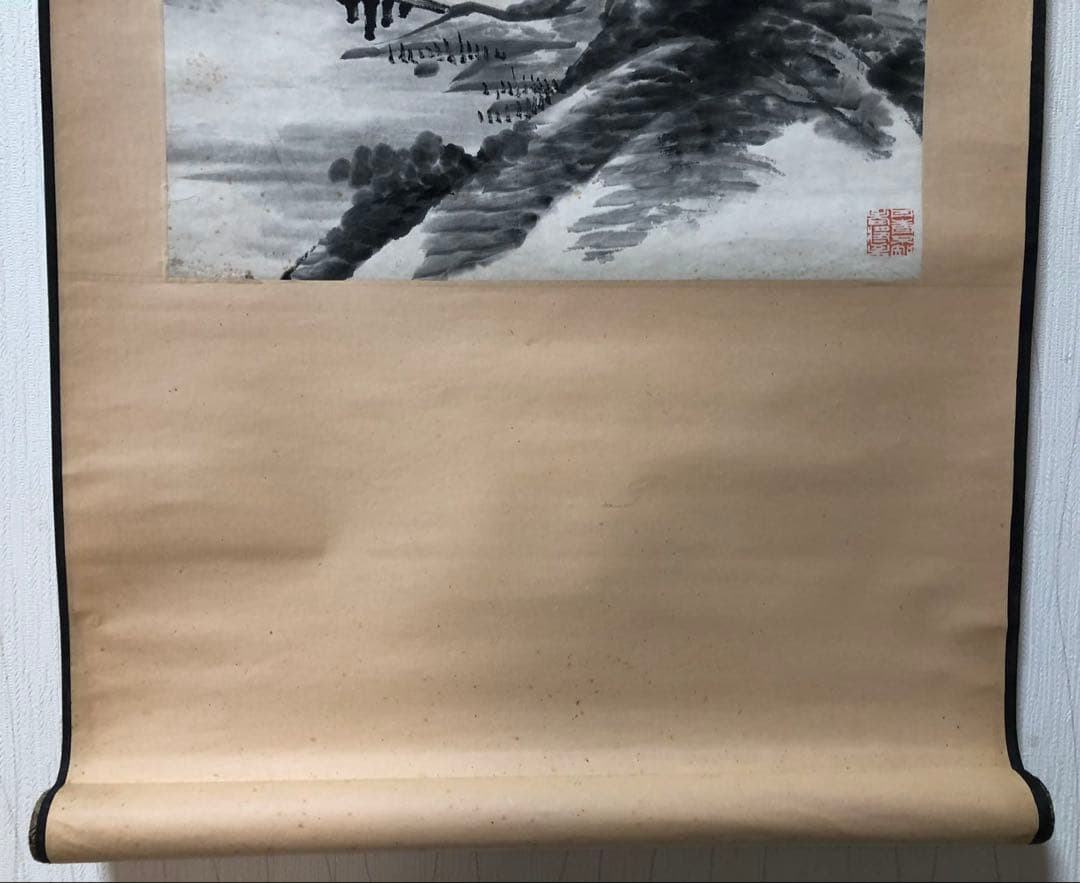 掛け軸 山水 王寅斗 絵［山水図］紙本 肉筆58！