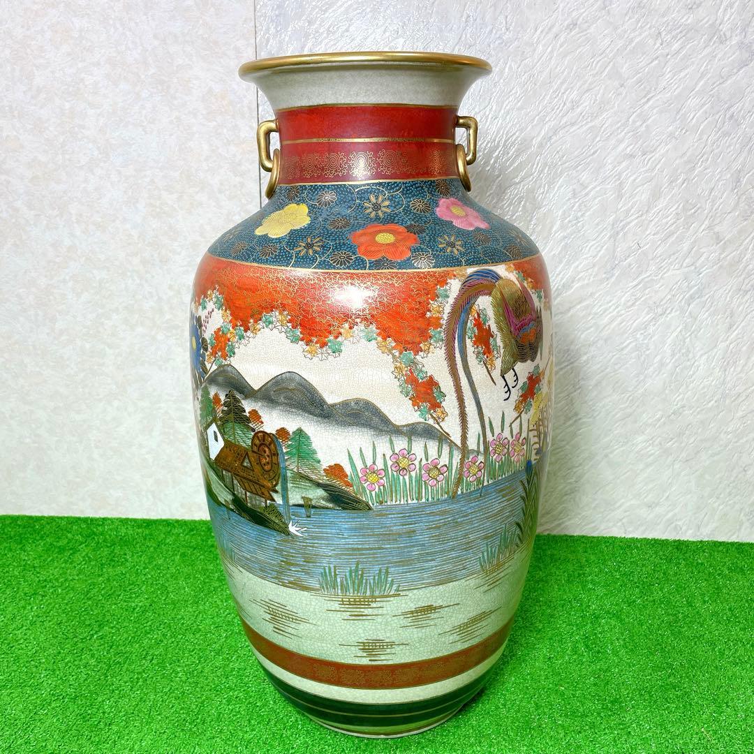 高級！骨董品　薩摩焼　大瓶　金蘭手染錦花絵図　金錦　耳付　壺 花瓶 高級！骨董品 薩摩焼 大瓶 金蘭手染錦花絵図 金錦 耳付 壺