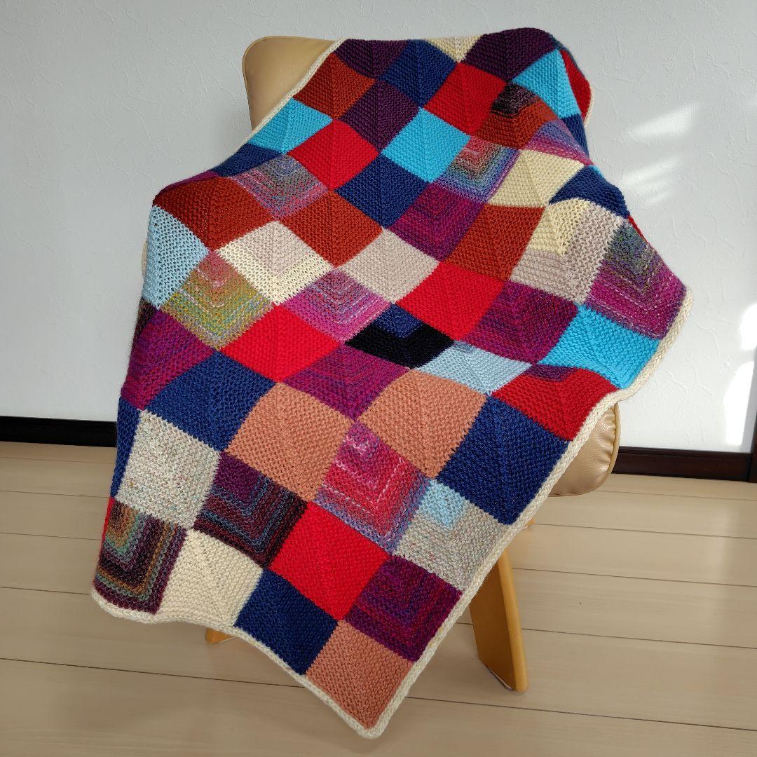 ハンドメイド ドミノ編みブランケット マルチカバー ひざ掛け ウール