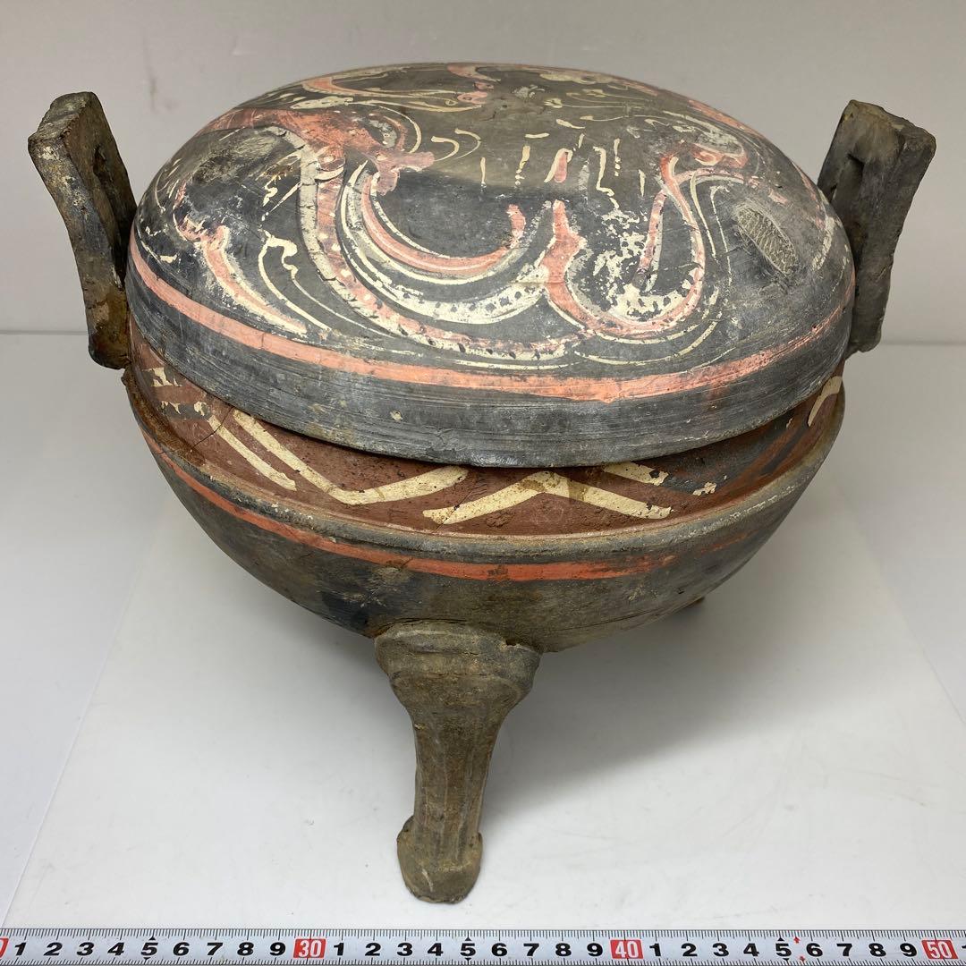 中国漢時代 彩陶加彩蓋付 三足土器 高さ22.5㎝ タトオ 東な7-0304②