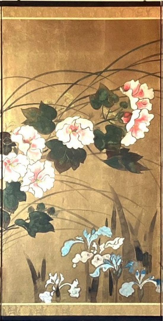 四つ折り屏風 日本画 金箔彩色 『牡丹に梅』