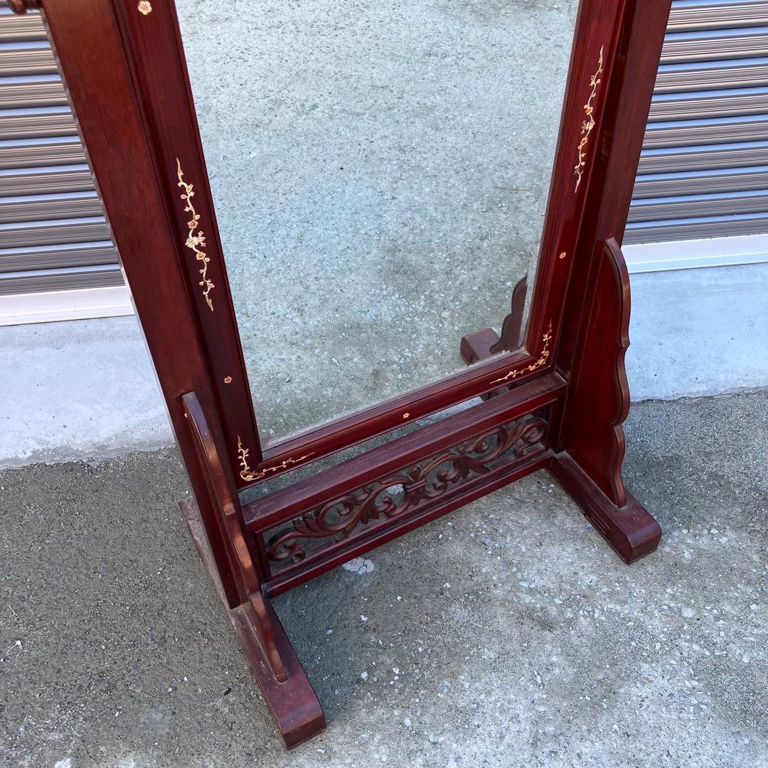 中国唐木 花梨材 螺鈿細工 大型姿見 全身鏡 スタンドミラー 古家具