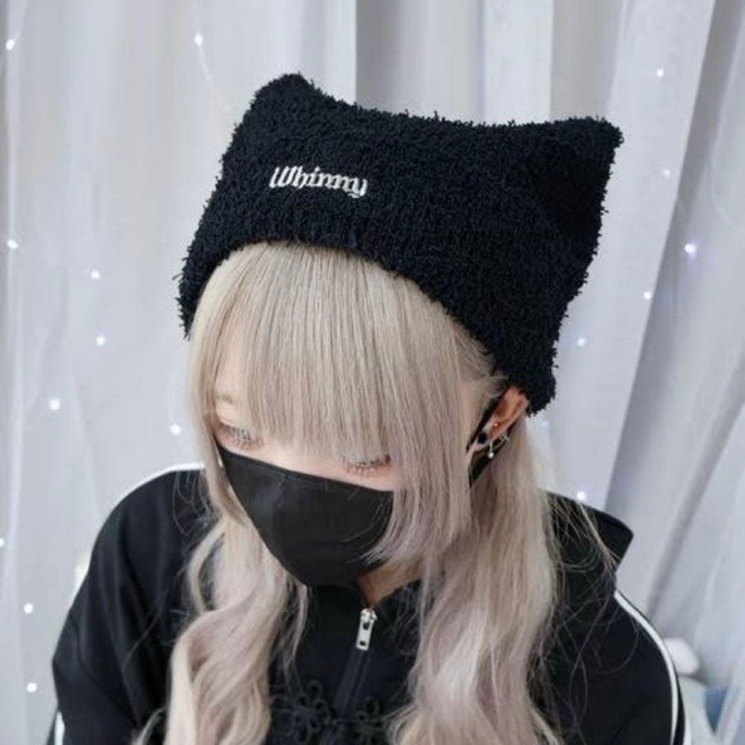 Whinny サマーねこパンチ 黒 ブラック ネコ耳ニット帽 ビーニー 猫耳