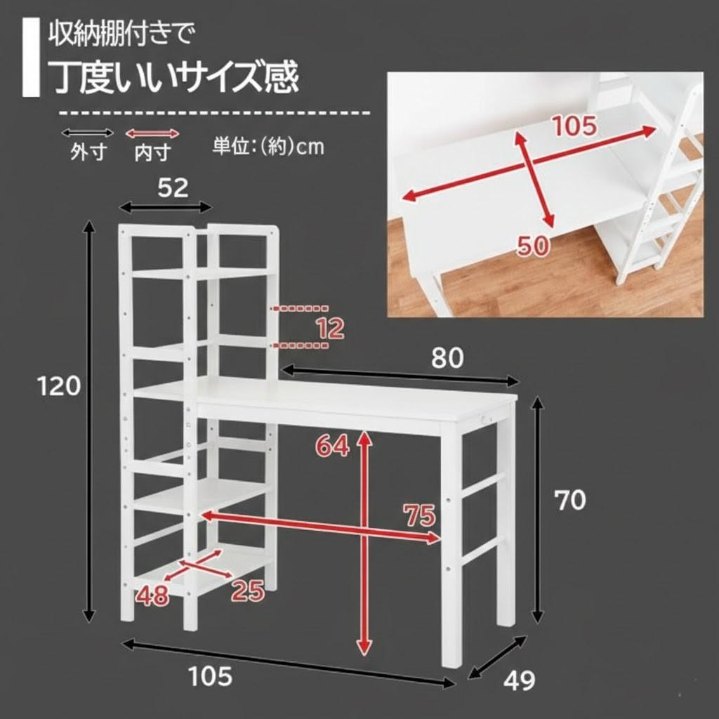 フォロー割【新品】ラック付きデスク 可動式棚 幅105cm 収納 多用途