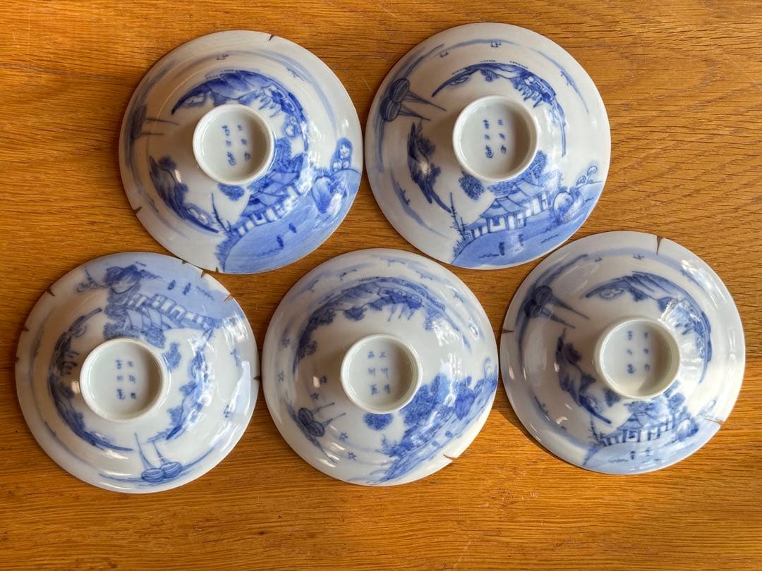 超珍品】透ける薄さ！古伊万里 卵殻手 染付山水人物紋 蓋物 5客セット