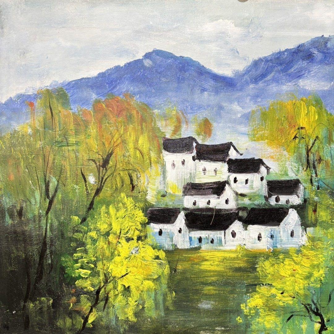 手描き 水彩油画 山水画 林風眠 作品図 中国絵画 約70×100cm 未表装