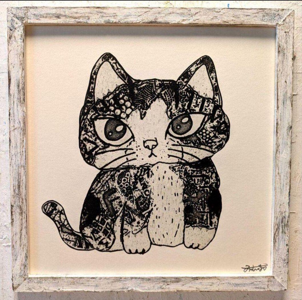 今月ラス1❗スイカ大！手作り額付き銅版画作品 title「未來ニャンコ