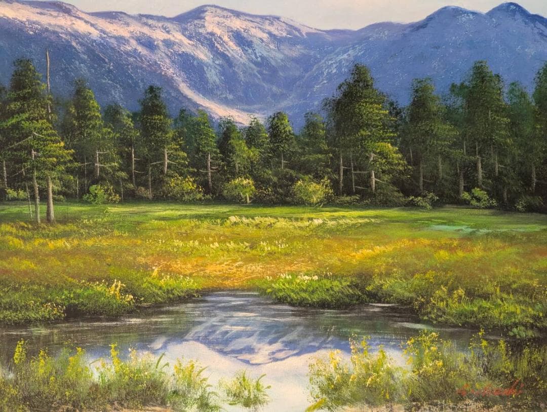 真作】絵画 油彩6号 山影を映す高原の池 インテリア風景画 Z106 - メルカリ