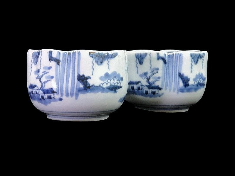 古伊万里 染付 山水の図 変形向付 2客 B072AS-fbvb
