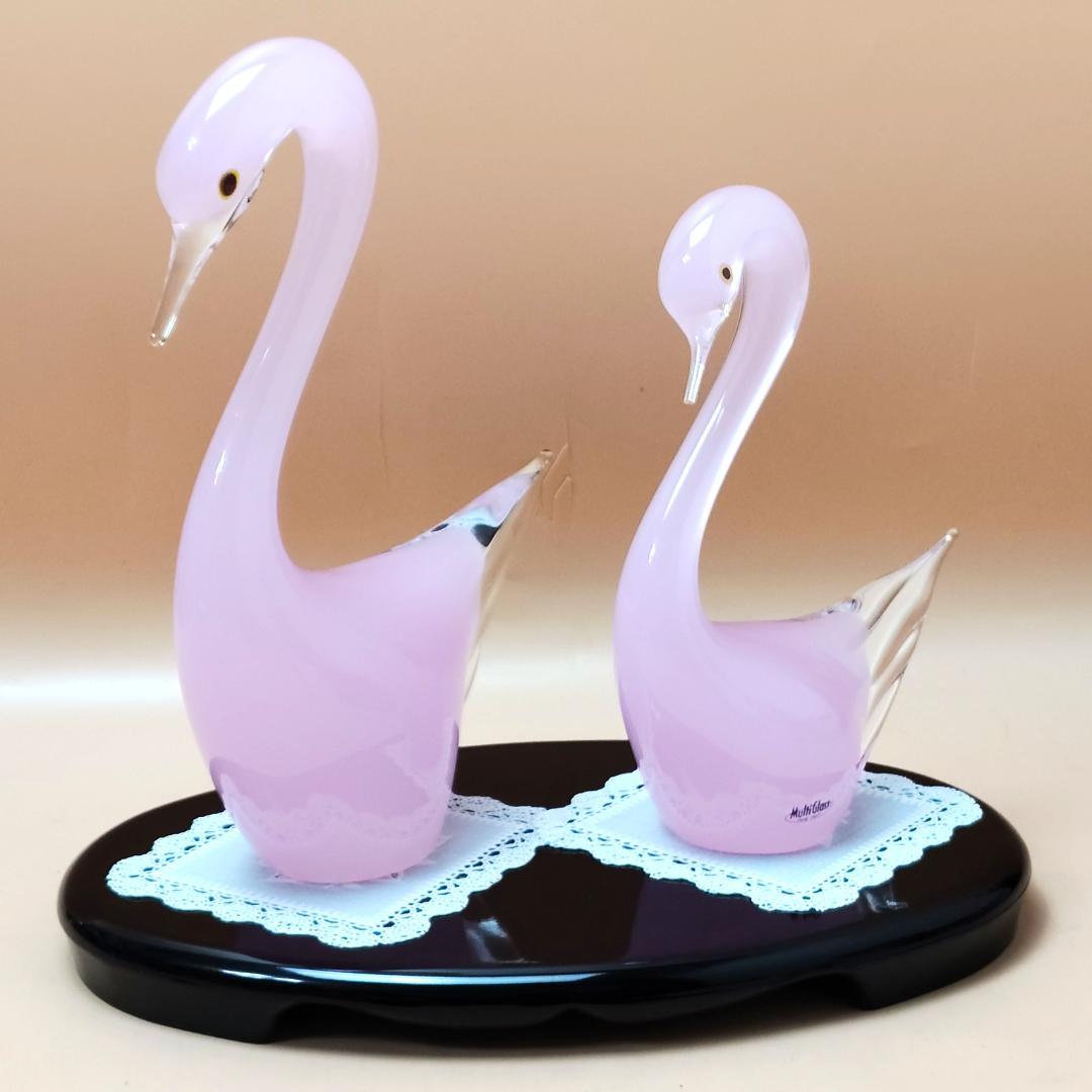 Multi Glass ピンク スワンペア 白鳥 ガラス細工 置物 2体セット