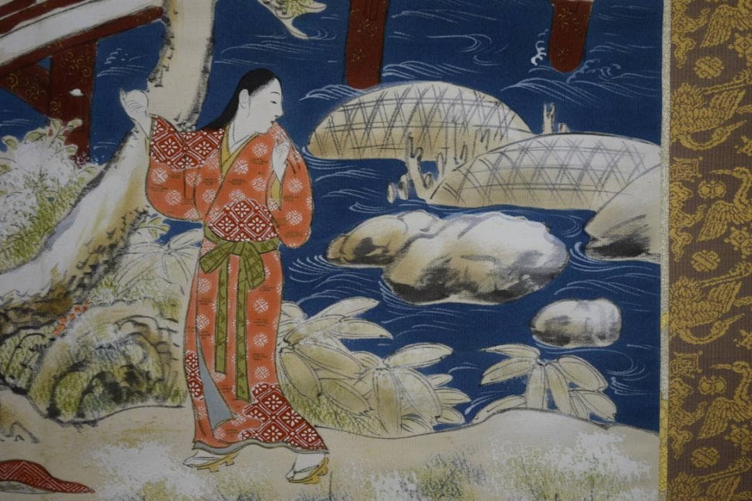 真作/岡島良山/山水人物図/桐箱二重箱付/布袋屋掛軸