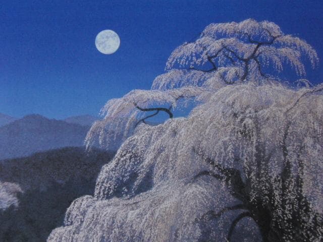 黒岩善隆、【追想滝桜】、希少な額装用画集より、状態良好、新品額装付