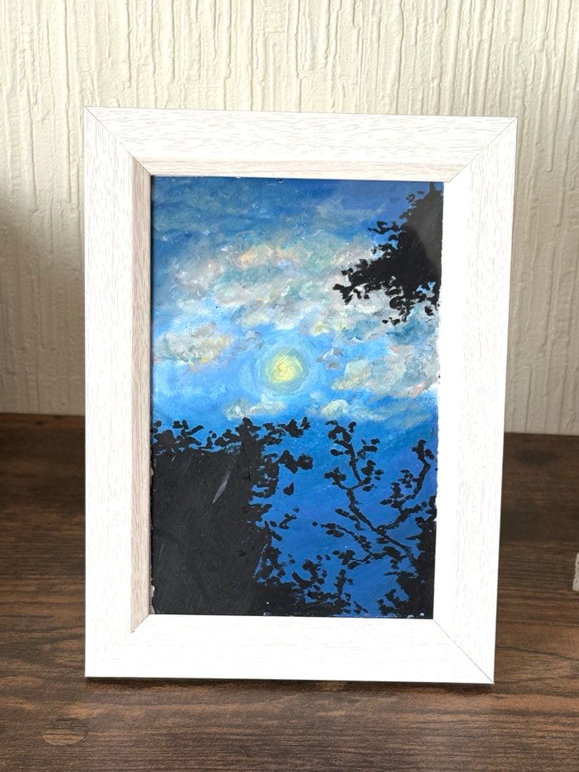 夜 月 オイルパステル原画 ポストカードサイズ 額付き - メルカリ