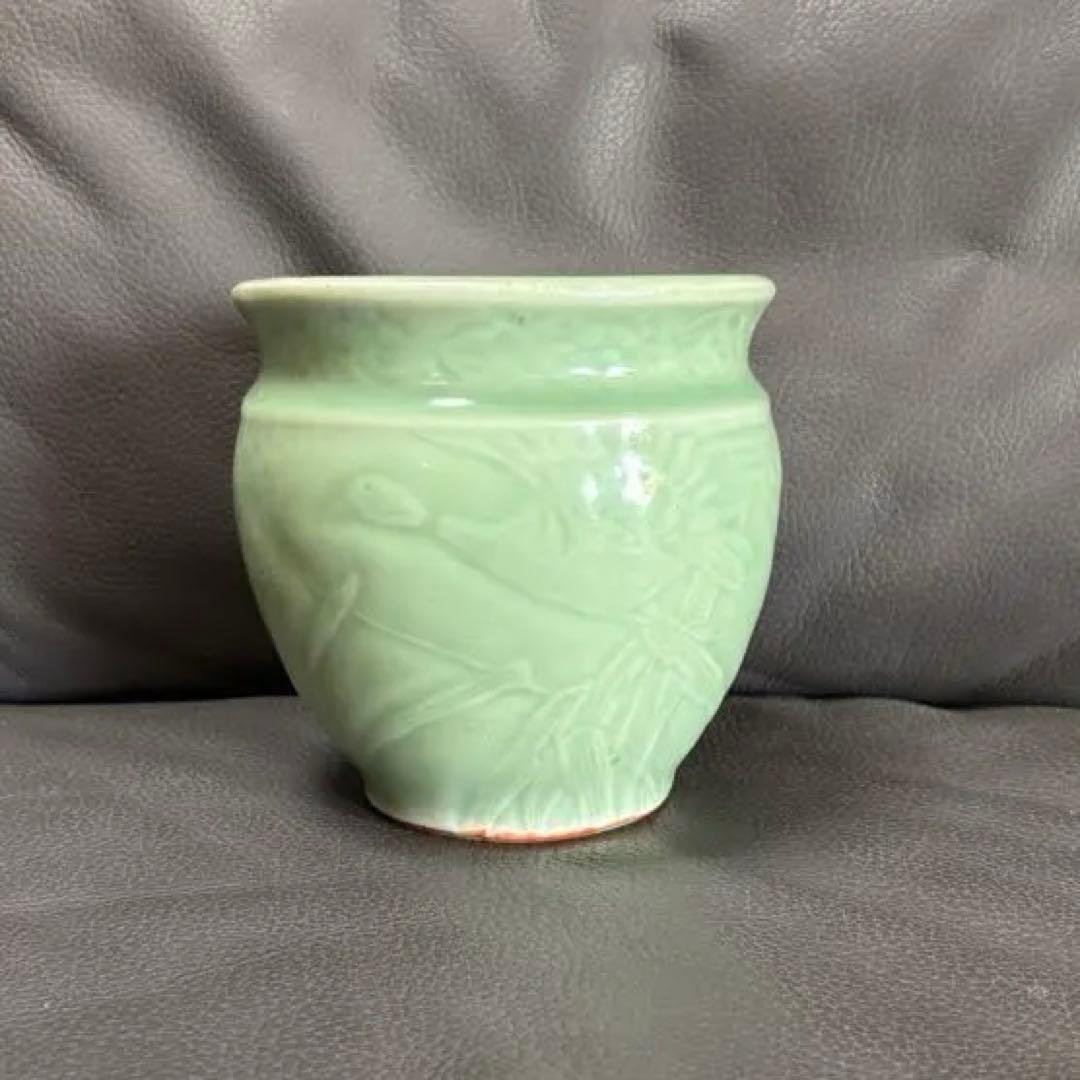 絵　鳥　缶水鉢 印判 魚缶 鳥獣戯画 陶磁器 水鉢 金魚鉢 メダカ 焼物 青