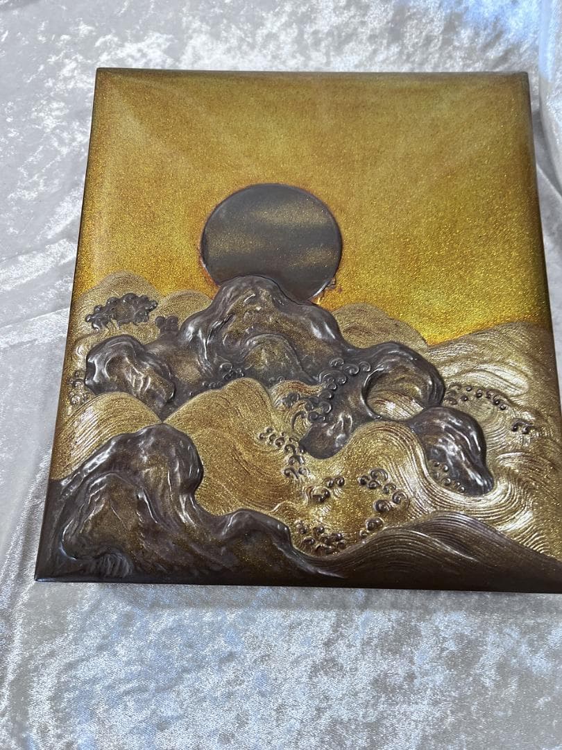 蒔絵 月に波紋硯箱 明治期 金蒔絵 高蒔絵 合せ箱 漆器 文箱 山と太陽の
