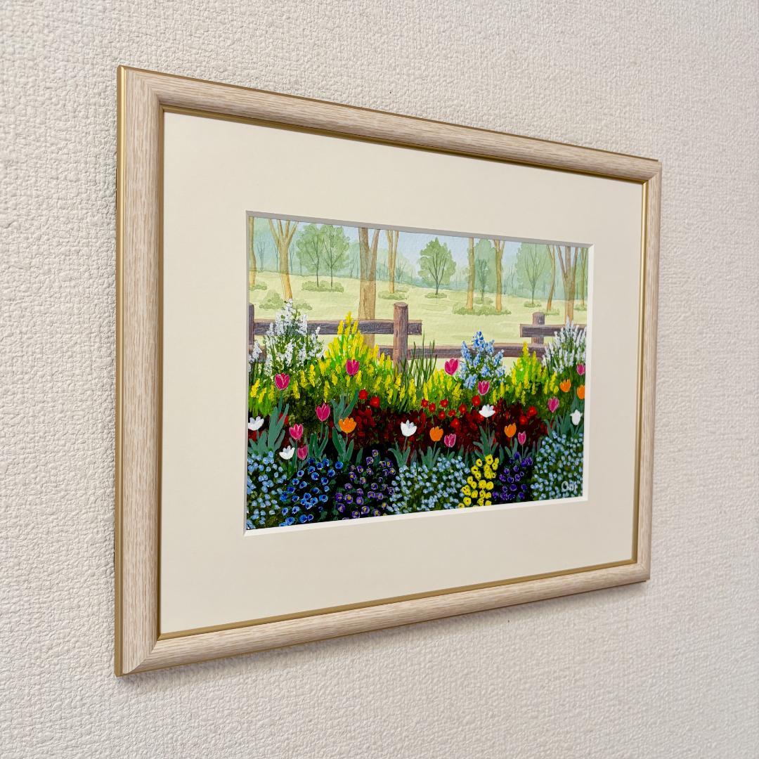 アクリル画 原画 「小さな花壇02」額縁付 SMサイズ
