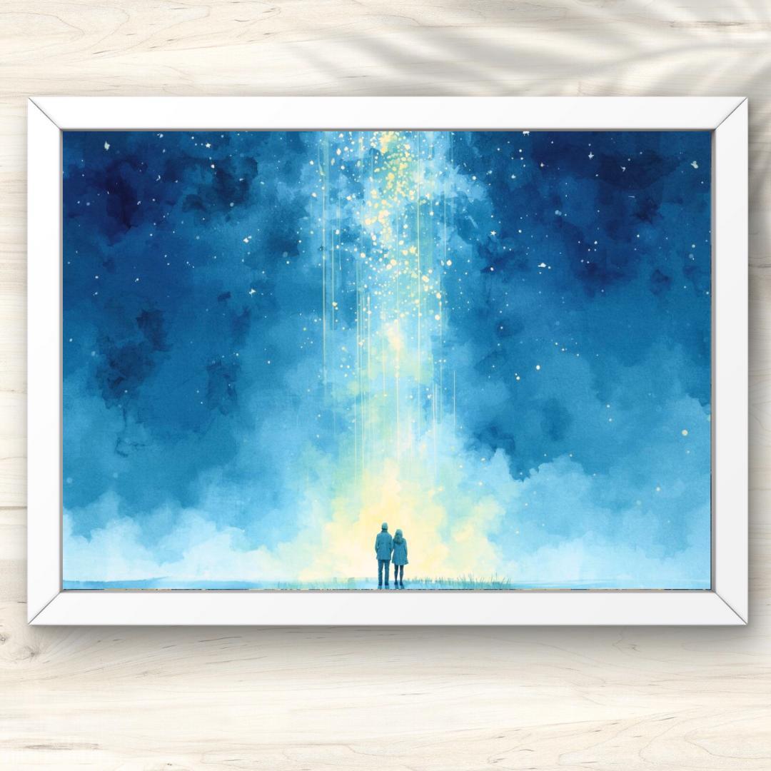 A4 星空の下、光の柱を見上げる二人のシルエット 水彩画風イラスト