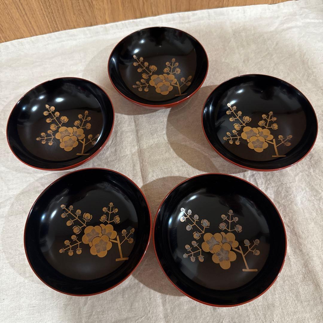 漆器 山田平安堂 平安造 朱色 黒 梅 蒔絵 椀