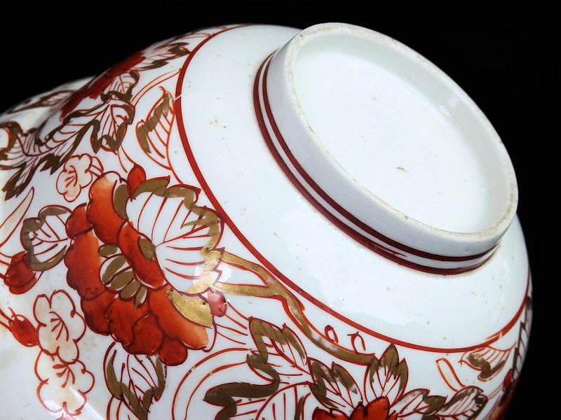 古伊万里 金襴手 輪花 花に柘榴の図 蓋付き深鉢 菓子鉢 E866AS-COk
