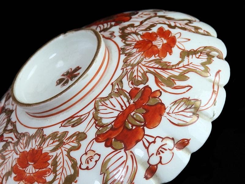 古伊万里 金襴手 輪花 花に柘榴の図 蓋付き深鉢 菓子鉢 E866AS-COk