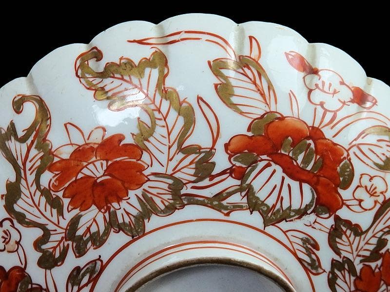 古伊万里 金襴手 輪花 花に柘榴の図 蓋付き深鉢 菓子鉢 E866AS-COk