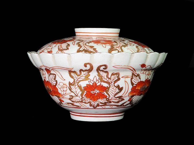 古伊万里 金襴手 輪花 花に柘榴の図 蓋付き深鉢 菓子鉢 E866AS-COk