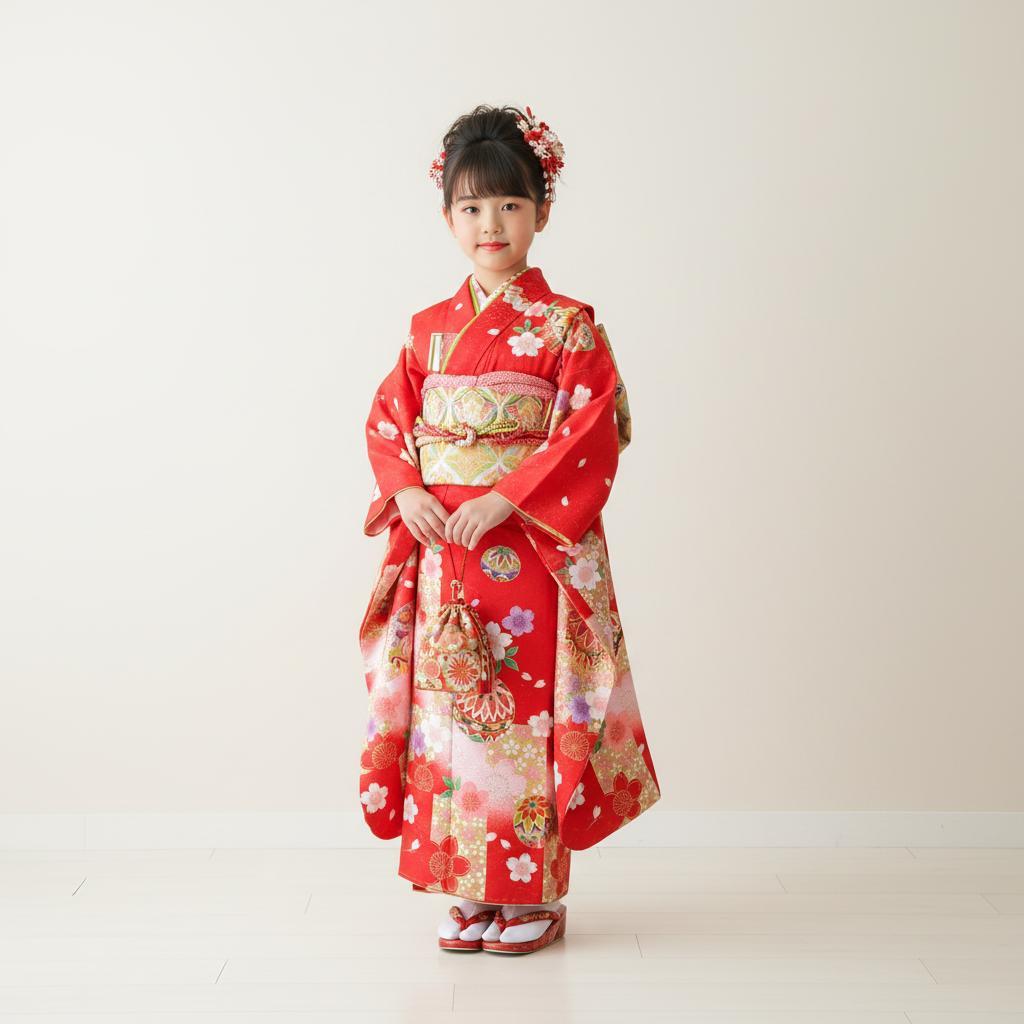 七五三 753 着物 七歳 四つ身着物 赤色地友禅柄 新品 k4126t - メルカリ